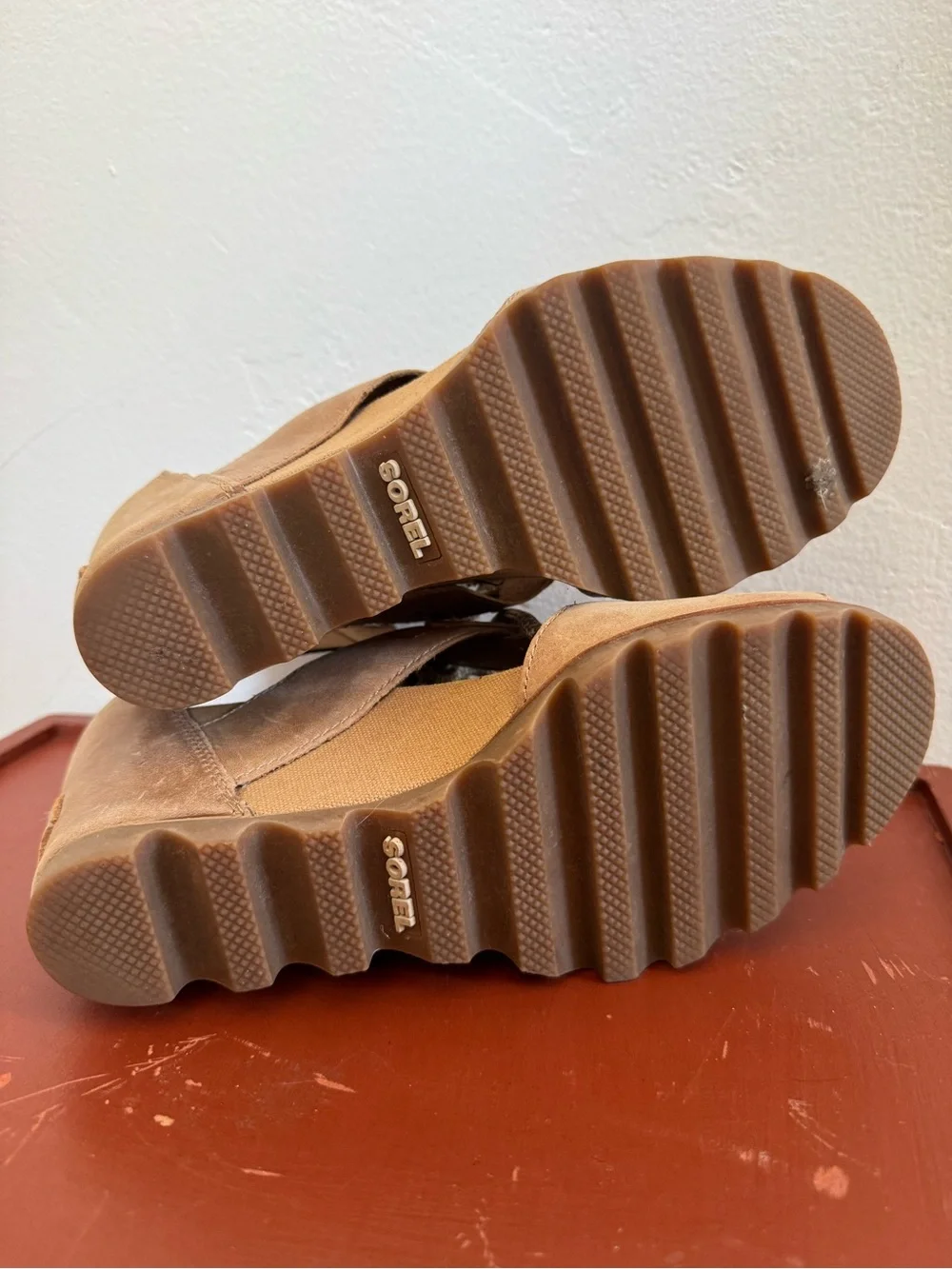 Sorel Joanie Full Grain Leather Lace Up Wedge Open Toe Sandals Tan Brown